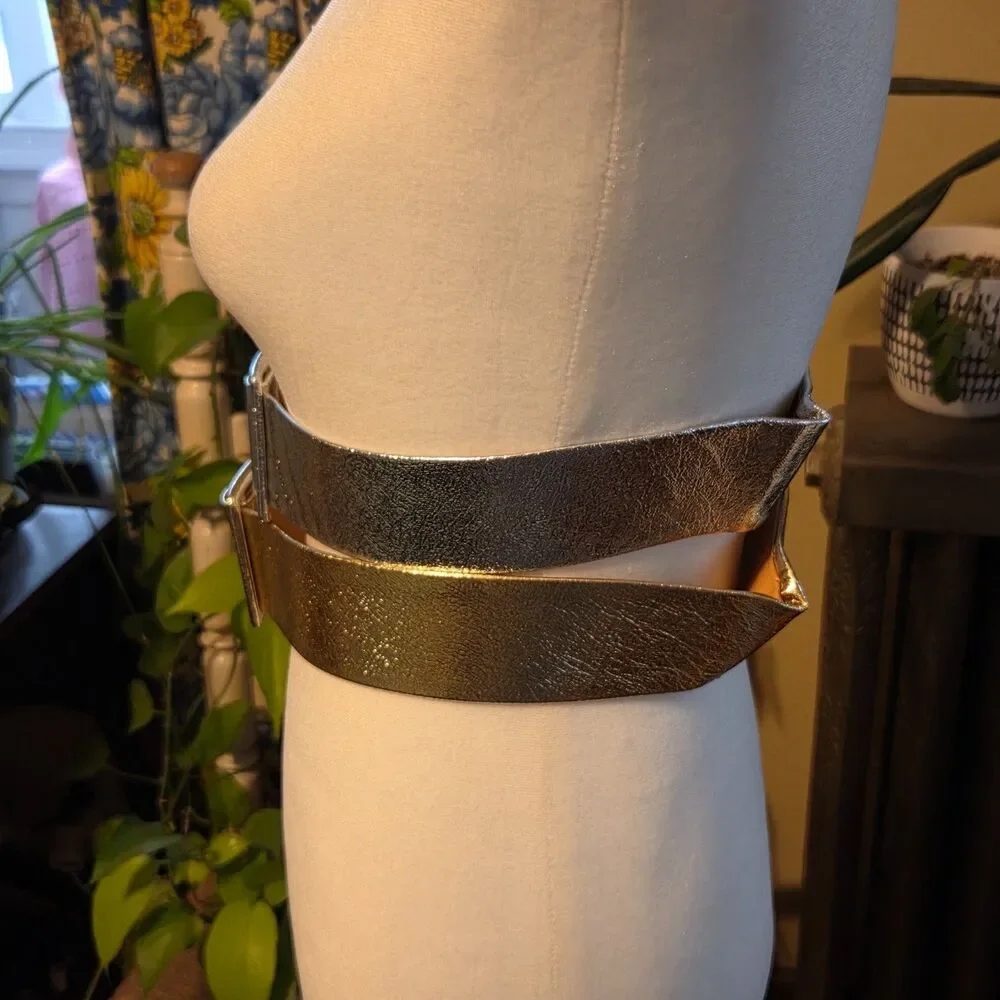 Vintage MCM Metallic Colored Slide Belts Silver & Gold Set Size Medium